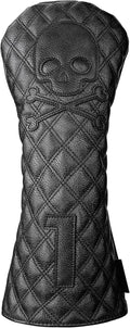 Golf Club Covers – Driver Headcover, Black Skull Leather, Fairway Wood & Hybrid, 3 Wood Headcover, Waterproof Easy-Clean, Universal Fit