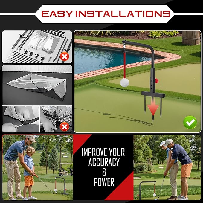 Golf Swing Trainer - Durable Iron Practice Golf Swing Training Aid - Golf Accessories for Kids & Youth with Replacement Ball Included & Height Adjustment Golf Accessories for Gift