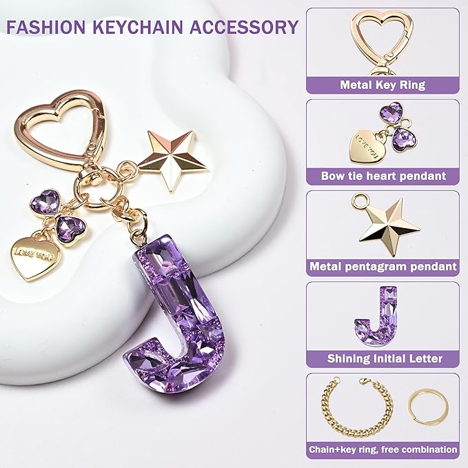 Cute Bling Keychain initial Letter Butterfly Star Pink Purple Gift for Women Girls Bag Cup Charms Accessories
