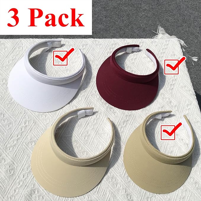 3 Pack Sports Sun Visor Hat Women Men Adjustable Clip On Visors Outdoor Golf Beach Cap