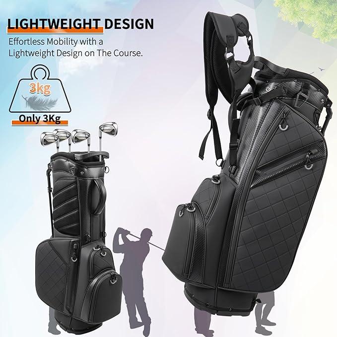 Golf Stand Bag with 14 Way Full Length Dividers, PU Leather Golf Bag for Men, Luxury Lightweight Waterproof Golf Bags with Stand, 6 Pockets & Cooler Pouch, Adjustable Dual Straps, Rain Cover Hood
