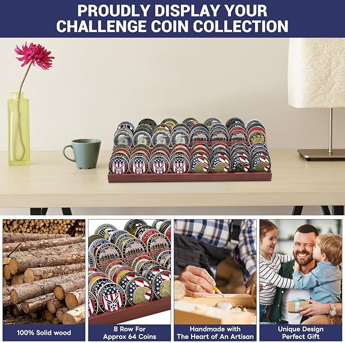 PiaoHao Solid Wood Challenge Coin Display Stand,Two-Tier Military Coins Display Holders Shelves,8 Row Wooden Army Collectible Coins Holder Case Holds 50-64 Coins