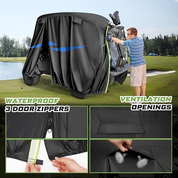 Mixsuper Liner 2/4 Passenger Golf Cart Cover for Club Car/EZGO/Yamaha, 10 Layers Golf Cart Cover with Zipper Door Windproof Sunproof 420D Waterproof Durable Polyester Black