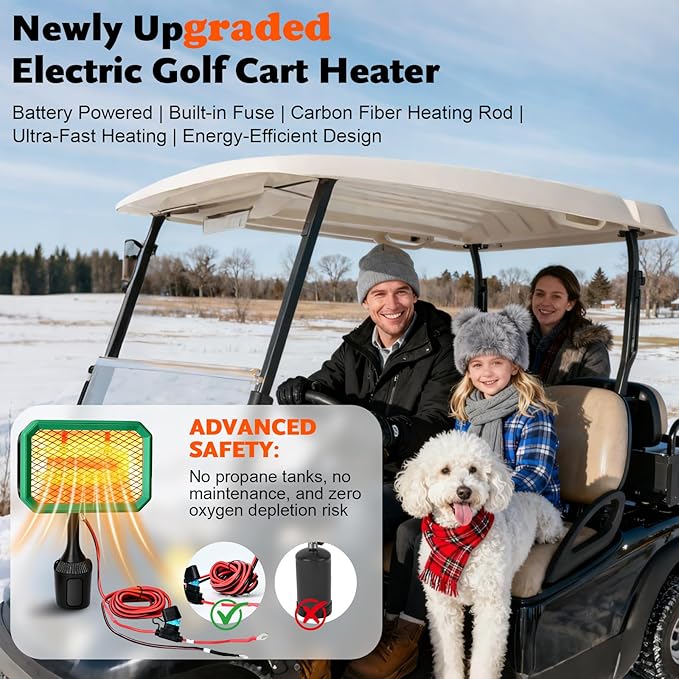Golf Cart Heater Electric, 400W Safe & Fast Silent Carbon Fiber Heating, Electric Battery Operated Heater with 360° Rotatable Head, Compatible with Yamaha/Club Car/EZGO, Golf Gifts Cart Accessories