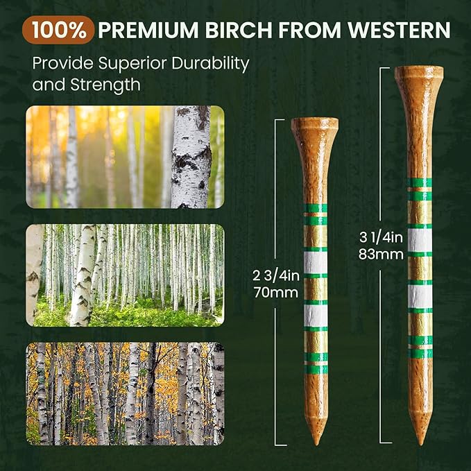 FINGER TEN Golf Tees Wood for Men Wooden Tee 1 1/2 2 3/4 3 1/4 Inch Western Birch Value 100 Pack, Reduce Friction Spin Tall Sturdy Base for Stability Long-Lasting Durability