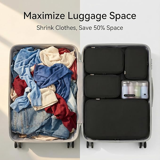 6 Set Compression Packing Cubes for Travel, Large Medium Small Luggage Organizers, Storage Bags for Clothes and Essentials (6 Pack, Jet Black)