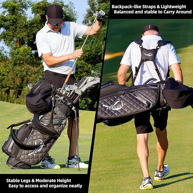 Golf Stand Bag with 14 Way Full Length Dividers, PU Leather Golf Bag for Men, Waterproof Golf Bags with Stand, 6 Pockets & Cooler Pouch, Adjustable Dual Straps, 2 Rain Cover Hood