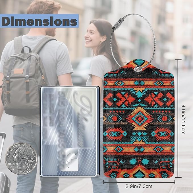 3 Pack Luggage Tag for Suitcase Leather Travel Cruise Luggage Tag with Stainless Steel Loop Name ID Label Privacy Cover for Adults Teens Travel Bag Labels Set (Tribal Ethnic Pattern)