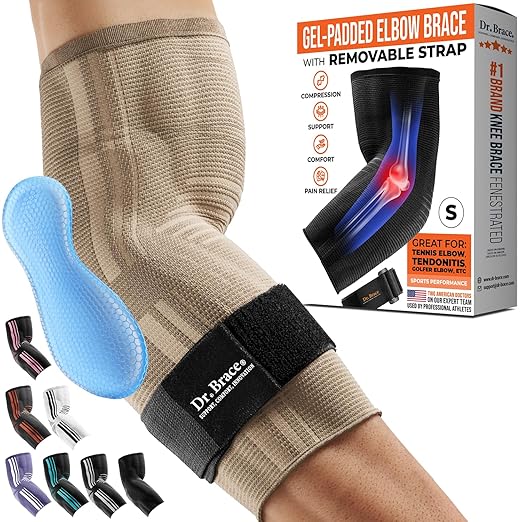 DR. BRACE® Elite Elbow Brace Support, Breathable Elbow Compression Sleeve with Gel Pad for Golfer's, Tennis Elbow & Tendonitis Treatment & Pain Relief 2024 (Nude (Beige), Small)