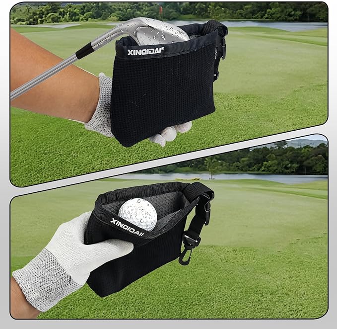 Golf Club and Golf Ball Cleaning Bag - Cleans Club Grooves, Golf Bag Accessories,Waterproof Clean Face Tech, Detachable Clip, Machine Washable,Golfer Gifts for Men(1-Pack,BLACK)
