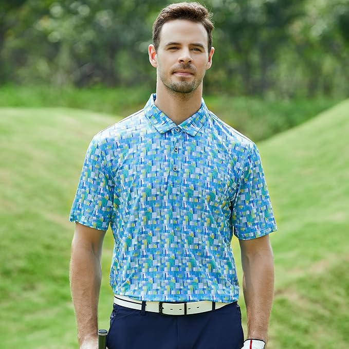 Esabel.C Golf Shirts for Men Dry Fit Performance Short Sleeve Print Moisture Wicking Collared Shirt