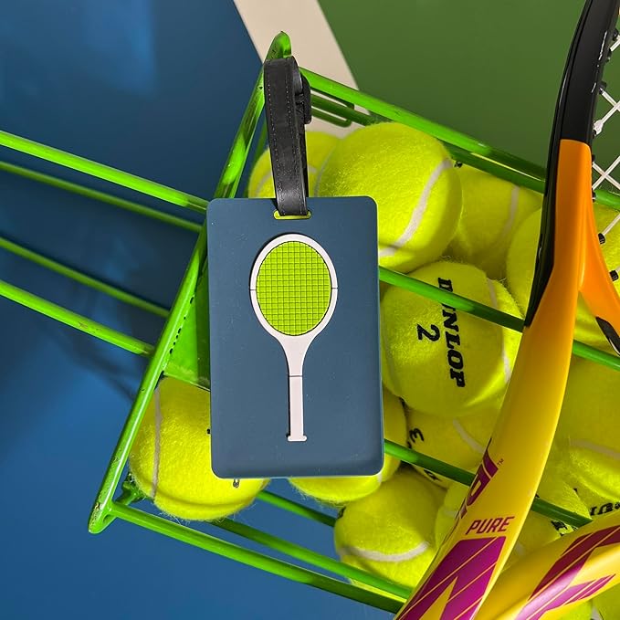 Tennis Bag Tag – Tennis Racquet Shape, Flexible & Waterproof Silicone Luggage Tag, Secure Strap for Bag Identification, Great Tennis Gift for Players & Enthusiasts