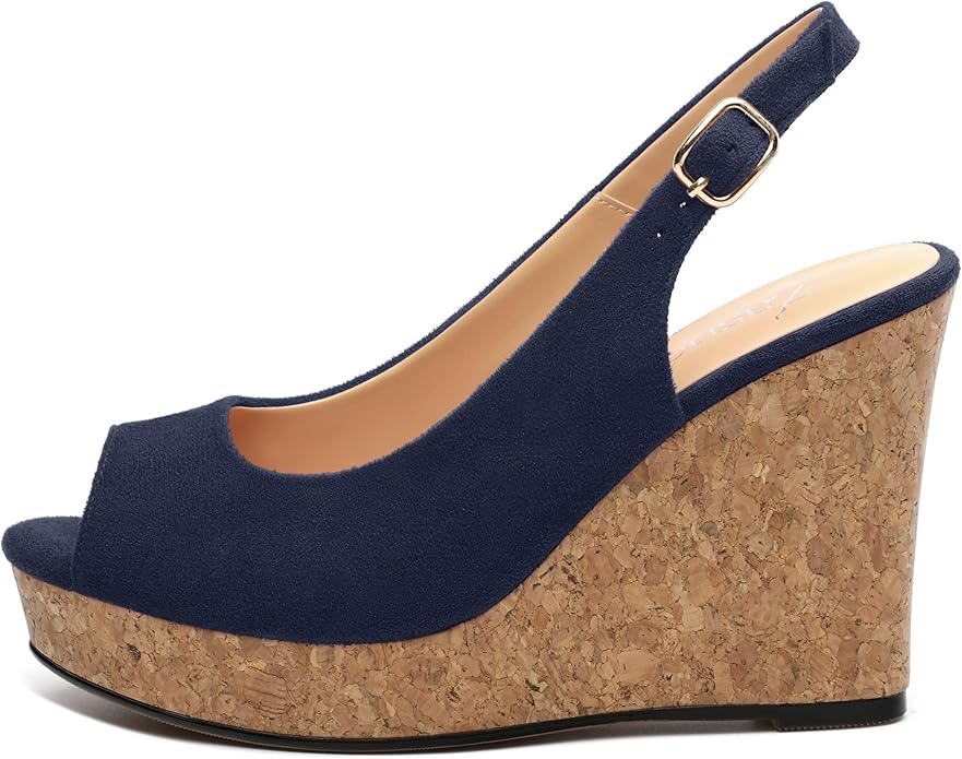 Womens Wedge Platform Sandals Peep Open Toe Slingback Buckle High Heel Dress Shoes Pumps Suede 3.94 Inch