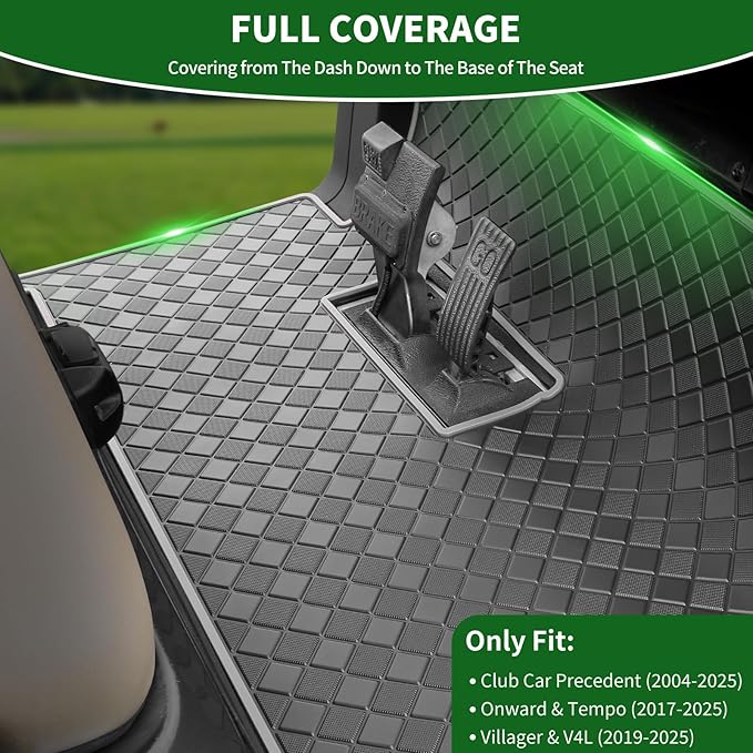 Golf Cart Floor Liner Mat 8mm Thick Rubber Full Coverage Fit for Club Car Precedent 2004-2025 / Onward & Tempo 2017-2025 / Villager & V4L 2019-2025 Carts Upgraded Non-Slip Mats Replacement