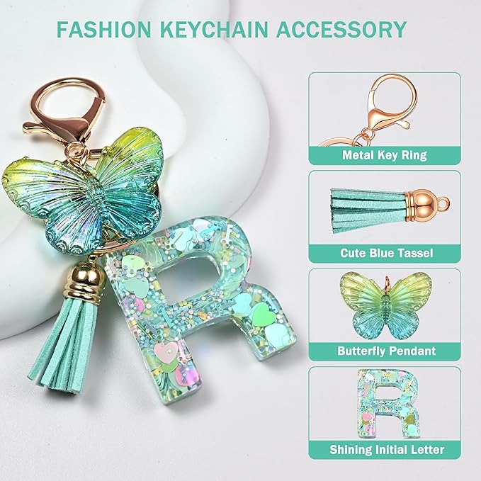 JINGUAZI Initial letter Keychains for Women Tassel Butterfly Pink Purple Cute Car Keychain for Wallet Backpack bag charm