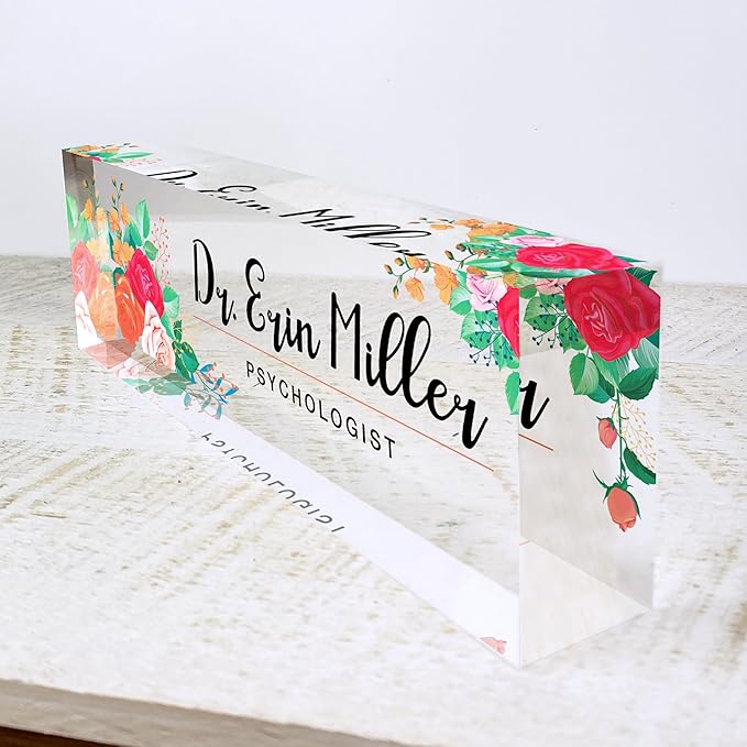 Artblox Office Desk Name Plate Personalized | Custom Name Plates for Desks | Mixed Flowers Design On Clear Acrylic Glass | Office Desk Decor