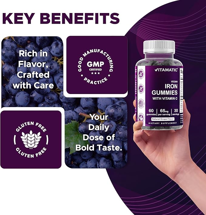 Vitamatic Iron 65 mg Gummies Supplement for Women & Men - 60 Vegan Gummies - Great Tasting Iron Gummy Vitamins with Vitamin C (6)