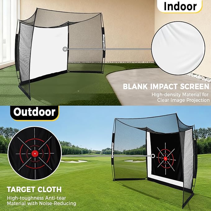 MangoStar Golf Net, 11x8ft Golf Simulators Hitting Net with High-Density Impact Screen and Target Cloth, Heavy Duty Practice Cage for Swing Driving, Home Backyard Garage Indoor Outdoor Use