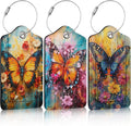 3 Pack Vintage Butterfly Flowers Luggage Tags for Suitcase PU Leather Travel Luggage Tag Privacy Cover ID Label for Women Men Baggage Backpack Handbag School Bag