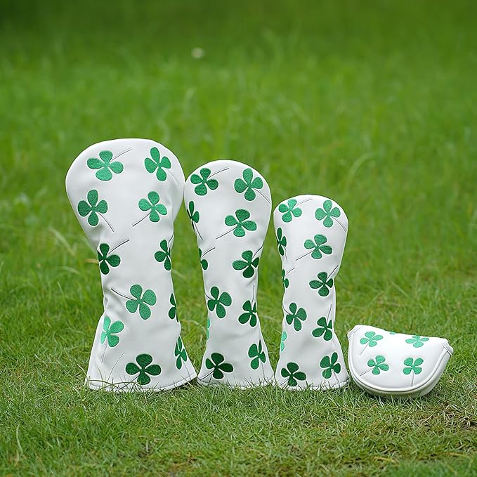 Golf Club Head Covers, 1pc Driver Headcover Fairway Wood Head Cover Hybrid Headcover or 3pcs Golf Headcovers Set 1 F H, Lucky Clover Golf Club Covers for 3 Wood, Drivers, Hybrids