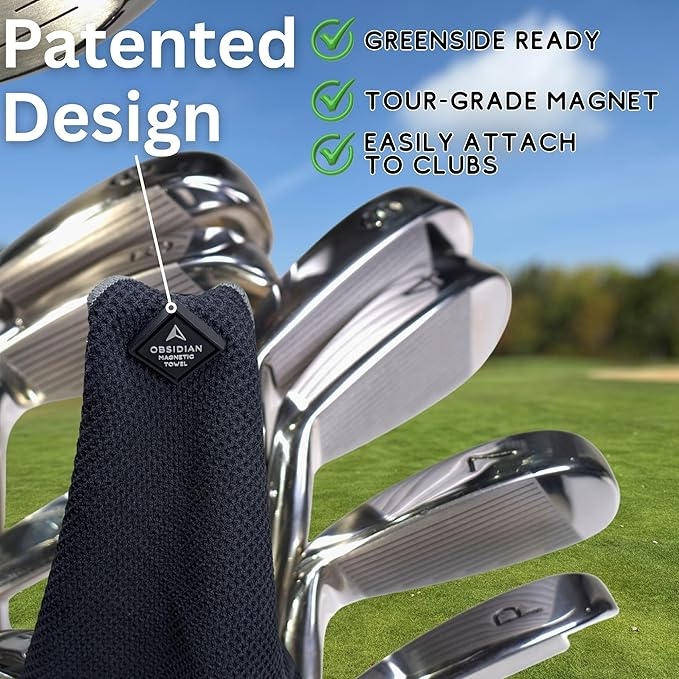 Golf Towel with Magnet & Hydro Pocket – Premium Full-Size Golf Towel HydroPouch Stays Wet for Cleaning Clubs, Easily Attaches to Clubs or Cart, Green-Side Ready (Black)