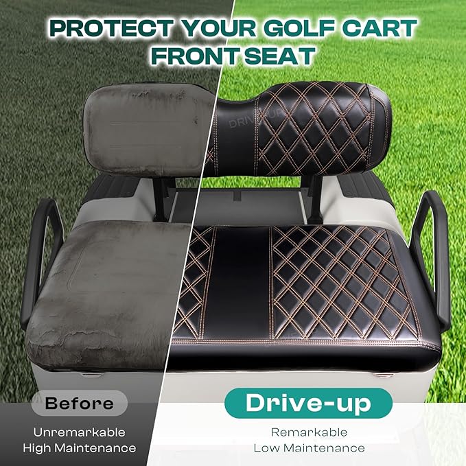 Drive-up Golf Cart Seat Covers, Diamond Leather EZGO TXT Seat Covers, Black PVC EZGO Front Seat Covers with Brown Stitching, Anti-Scratch and Stain-Resistant