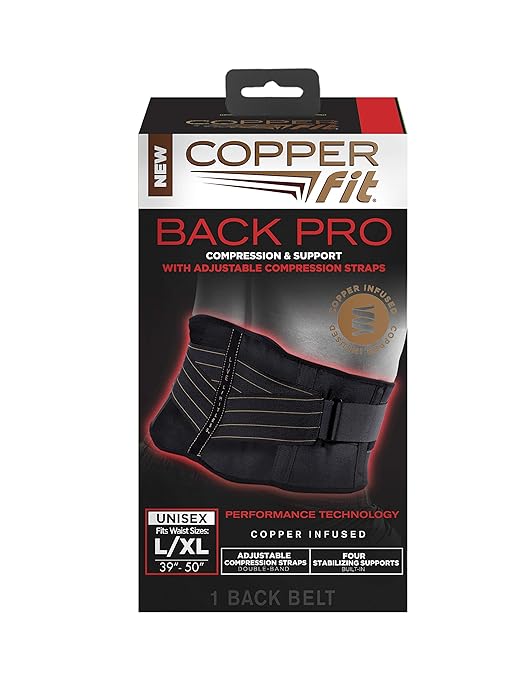Copper Fit Pro Back Support, Black with Copper Trim, Large/X-Large, Unisex Waist Size 39”-50” (CFBACK)