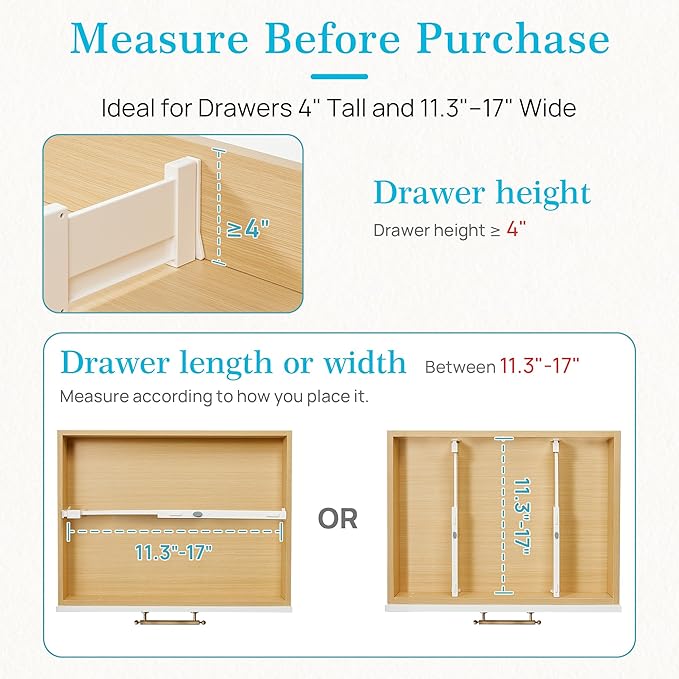 Vtopmart Drawer Dividers for Clothes 8 Pack, Adjustable 4" High Expandable from 11.3"-17" Dresser Drawer Organizer, Plastic Drawers Separators for Dresser, Baby Clothes, Kitchen and Office Storage