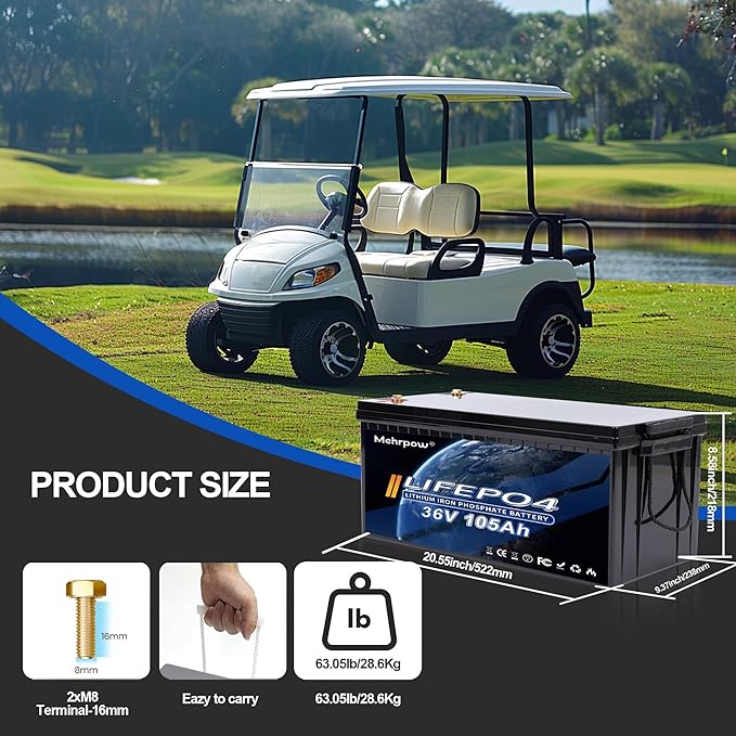 36V 105Ah LiFePO4 Golf Cart Battery with 200A BMS Bluetooth LCD Display 43.8V 25A Charger Mobile APP 10000 Deep Cycles Rechargeable 36V Lithium Battery for Golf Cart ATV Lawn Mower and Off Grid