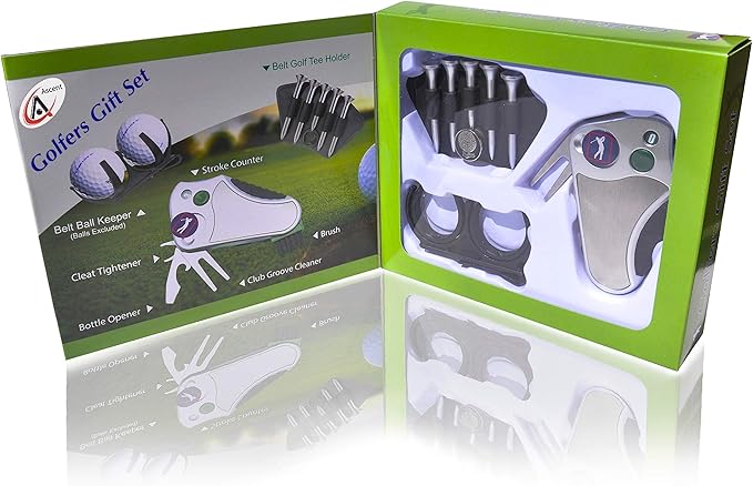 Golfer's Best Golf Gift Set: Tool - Stroke Counter, Divot Tool Repair, Brush, Ball Marker, Cleat Tightener, Club Groove Cleaner Belt Tee Holder Tees Belt Ball Holder - Gift Idea For Men Women