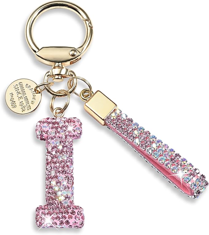 Pink Blue White Initial Letter Keychain Gift for Women Girls Bling Sparkly Cute Backpack Car Key Accessories Lanyard