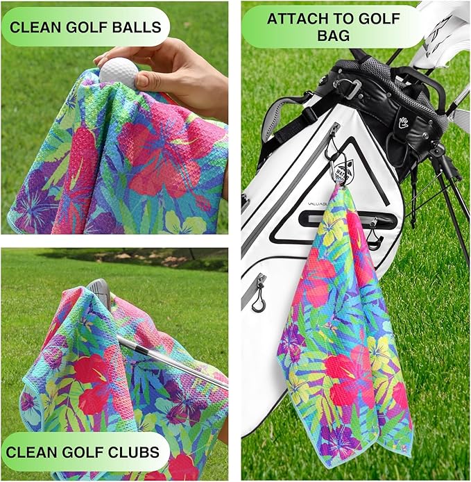 Microfiber Golf Towels for Golf Bags & Carts - Premium Weave Waffle & Ball Towels with Carabiner Clip, Essential Accessories for Men, Women and Kids, Golfer Gifts, Set of 2 (Bright Tropics)