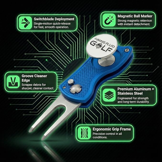 Golf Divot Repair Tool — 5-in-1 Golfing Ball Marker, Pitch Mark Repair, Putting Alignment, Club Tee, and Groove Cleaner, Accessory Metal Switchblade Design - Ideal Gift for Golfers