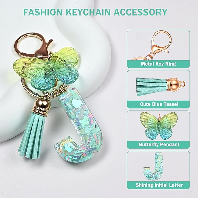JINGUAZI Initial letter Keychains for Women Tassel Butterfly Pink Purple Cute Car Keychain for Wallet Backpack bag charm