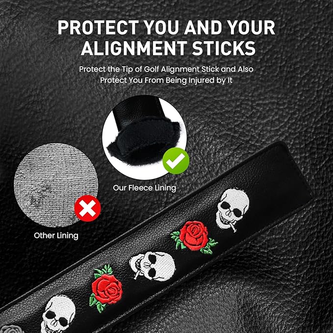 FINGER TEN Golf Alignment Stick Cover Headcover Rods Holder Case Leather 14''× 2'' in USA Black White Green Hold at Least 2 Sticks