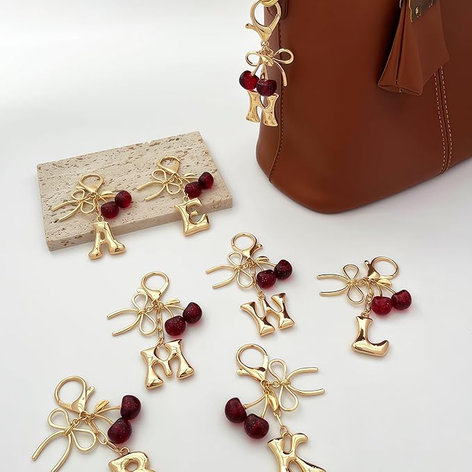 Gold Bubble Heart, Cherry, Bow & More Designs Letter Initial Keychain Bag Charms – Cute Purse Charms for Handbags