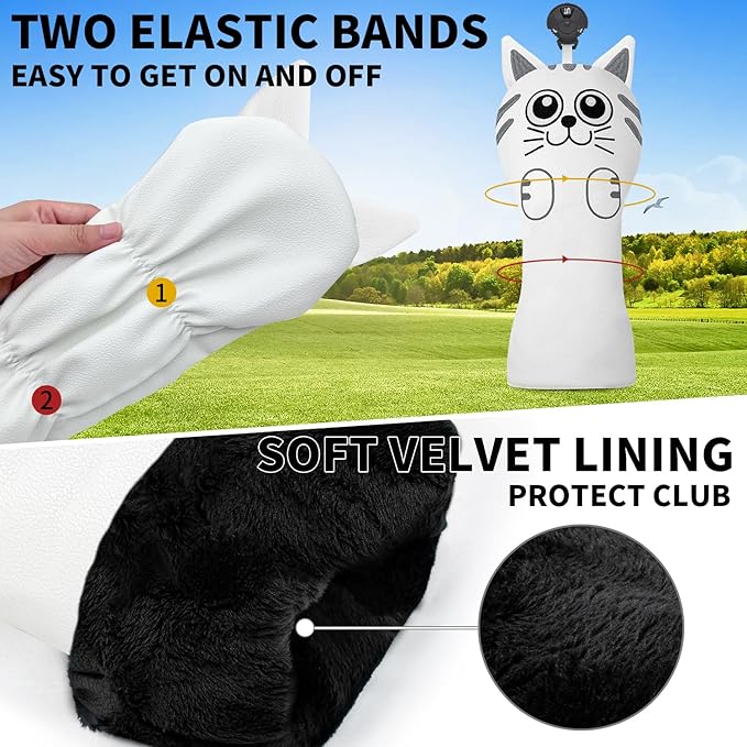 Golf Kitty Head Cover Golf Club White Leather Headcovers 1pc/4pcs Set Fits Driver Fairway Wood Hybrid Utility Putter Iron Wedge Headcover.