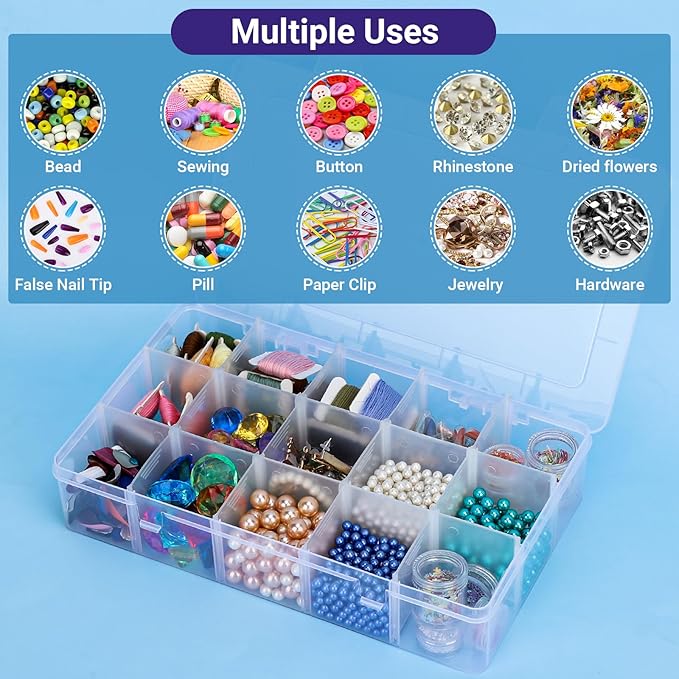 Storage Box with Dividers, 15-Grid Extra Large Plastic Storage Case for Nail Art Decoration, Clear Fake Nail Organizer Container with Lids for Acrylic Nails Tip, Rhinestone, Bead, Charm, Craft