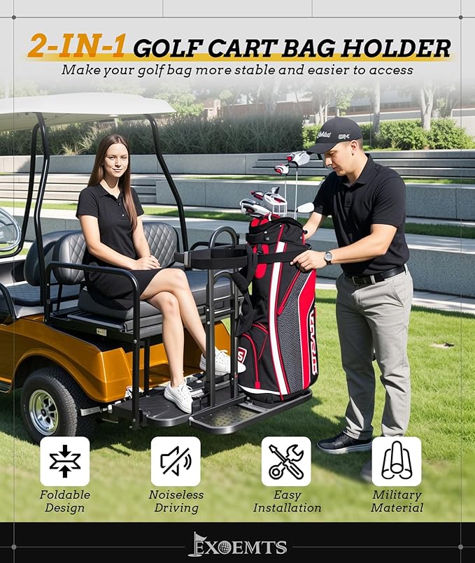 Universal Foldable Golf Cart Rear Seat Bag Holder, Upgraded Golf Cart Rear Seat Bag Rack Fits 8-Inch Max Width Safety Grip Bar, for EZGO Club Car Yamaha, Preinstalled, Space-Saving, No-Drill