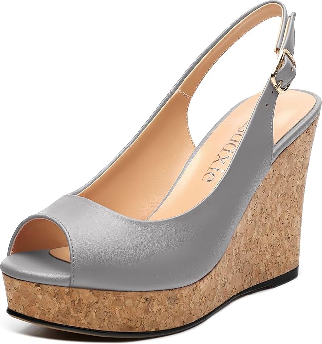 Womens Peep Toe Wedge Heels Matte Fashion Cork Slingback Pumps Platform Wedge Sandals 3.94 Inches