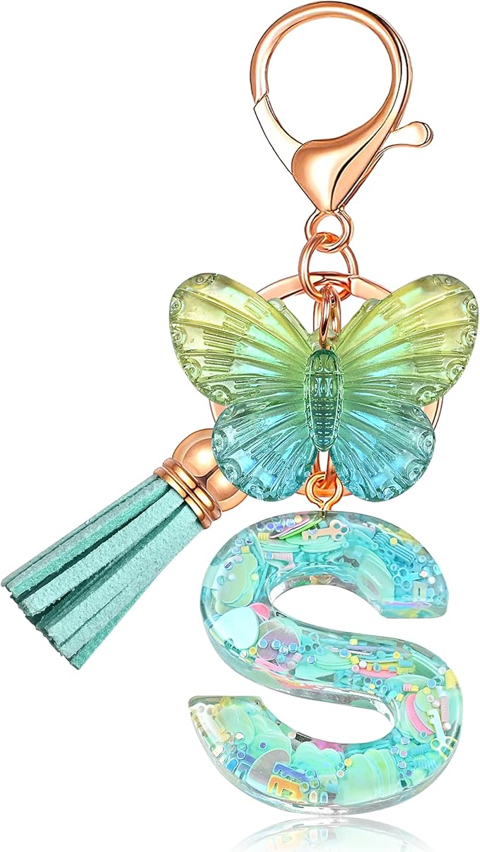 JINGUAZI Initial letter Keychains for Women Tassel Butterfly Pink Purple Cute Car Keychain for Wallet Backpack bag charm