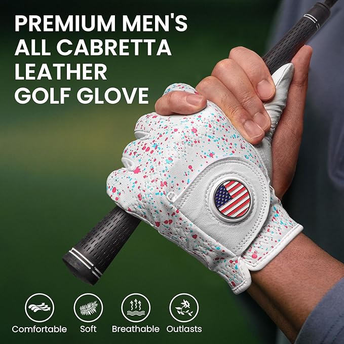 Golf Gloves Men All Premium Cabretta Leather 1 Pack with 2 Ball Marker, Mens Golf Glove Right Handed Golfer Left Hand All Weather Grip, Fit Size Small Medium ML Large XL