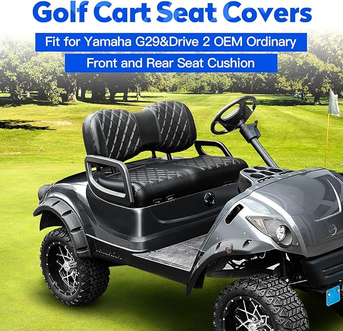 NOKINS 4PCS Golf Cart Seat Covers Kit, Front and Rear Seat Covers Fits YAMAHA/G29/Drive2 Standard Seat Cushion, Yamaha Vinyl Diamond Replacement Seat Covers, No Stapler(Black&Black Stitch)