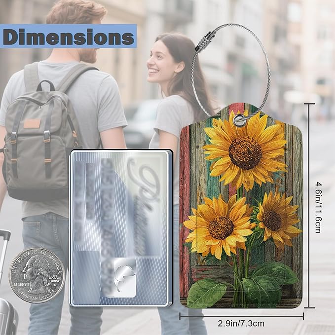Set of 3 Luggage Tags, Sunflowers Leather Suitcases Tag Identifiers with Privacy Name Address Labels & Durable Steel Loop for Women Men Travel