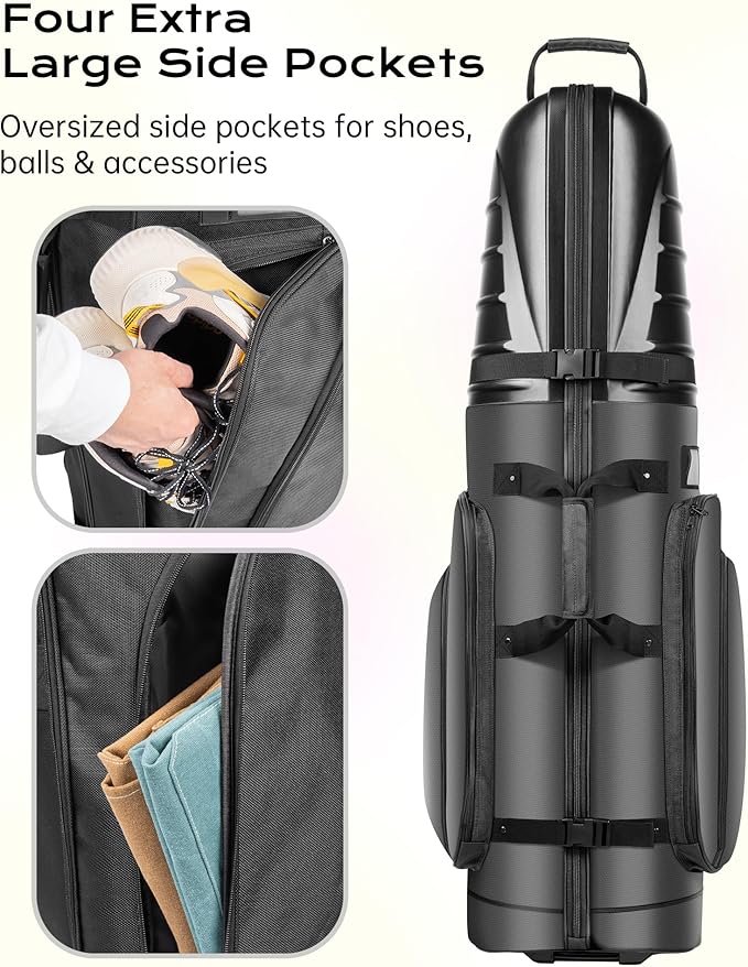 Golf Travel Bag with Hard Shell ABS Top - 1680D Heavy Duty Oxford Foldable Golf Club Travel Cover Case for Airlines with Wheels, Lockable Zippers & Reinforced Base