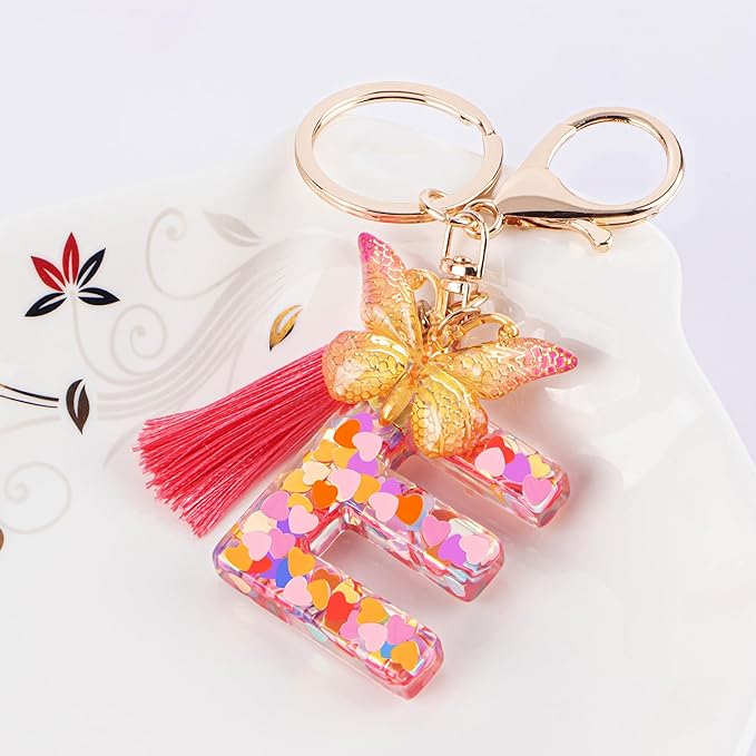 Suweibuke Colourful Cute Initial Letter Keychains for Women Girls with Tassel Butterfly, Charm for Purse Handbags Backpacks