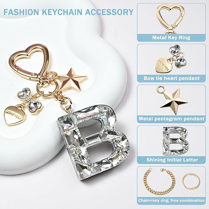 Cute Bling Keychain initial Letter Butterfly Star Pink Purple Gift for Women Girls Bag Cup Charms Accessories