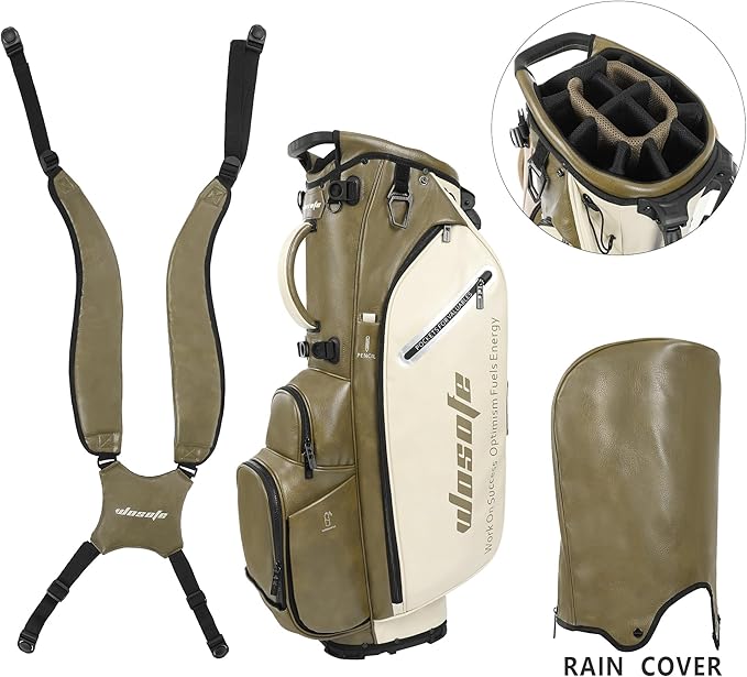 Lightweight 14-Way Golf Stand Bag, PU Leather Golf Bag Waterproof Men Women Full Length Top Dividers, Multiple 8 Pockets Cooler Pouch Adjustable Detachable Shoulder Dual Straps Rain Cover Hood