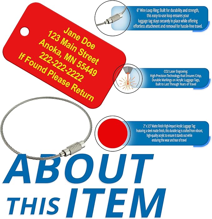Personalized Luggage Tags – High-Impact Travel Tags for Suitcases, Backpacks & Luggage Sets, Durable Acrylic with Wire Ring Loop for Easy Attachment