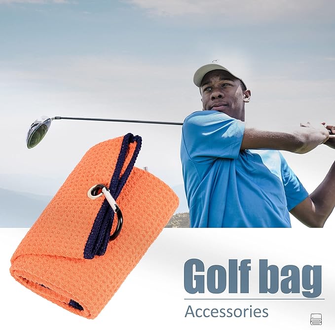 Mile High Life Tri-fold Golf Towel | Premium Microfiber Fabric | Waffle Pattern | with Heavy Duty Carabiner Clip | Golf Towel for Men and Women (2 Pack Orange)